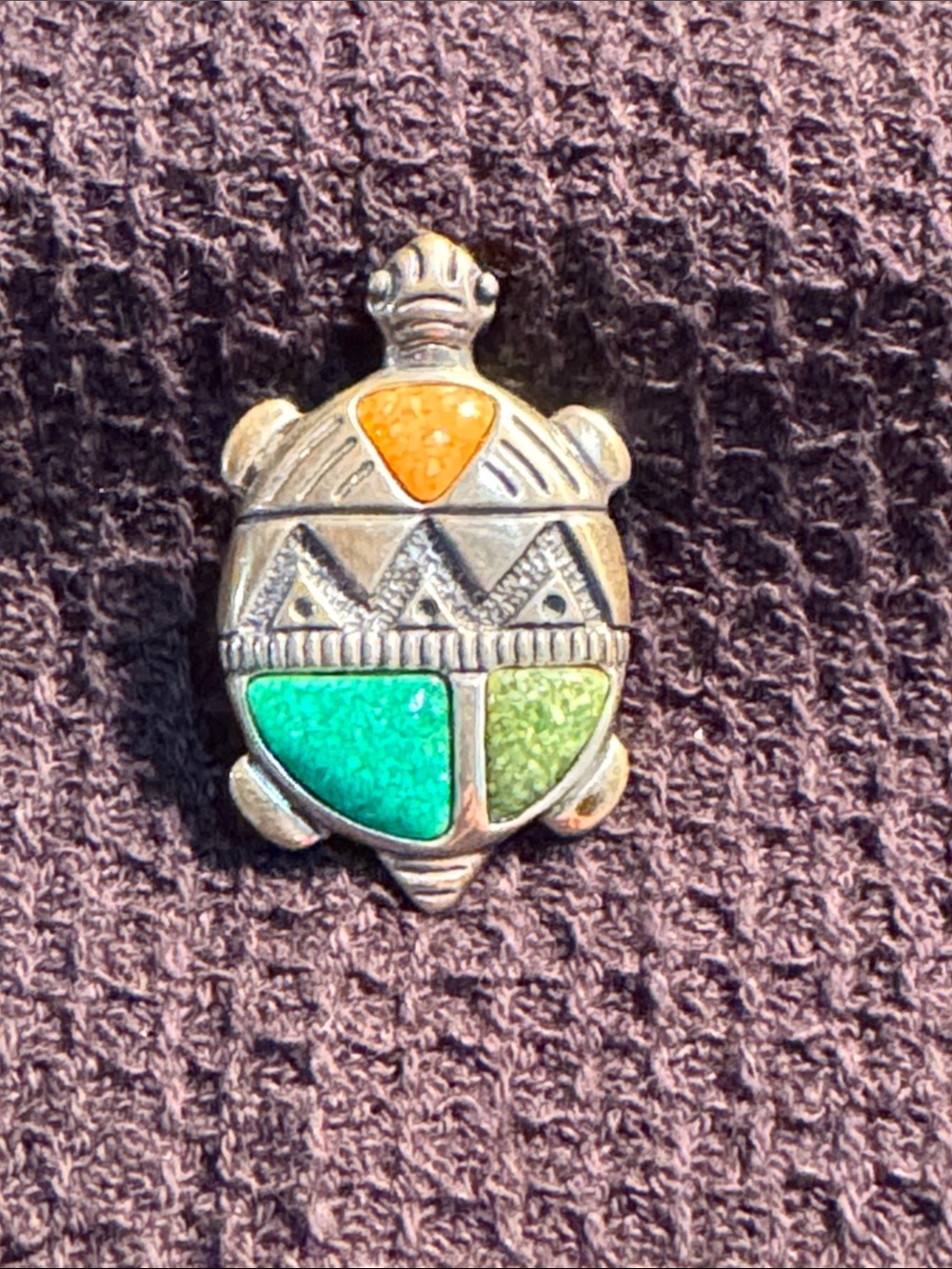 Vintage Scarab Beetle Inlay Pendant with Green and Orange Stones